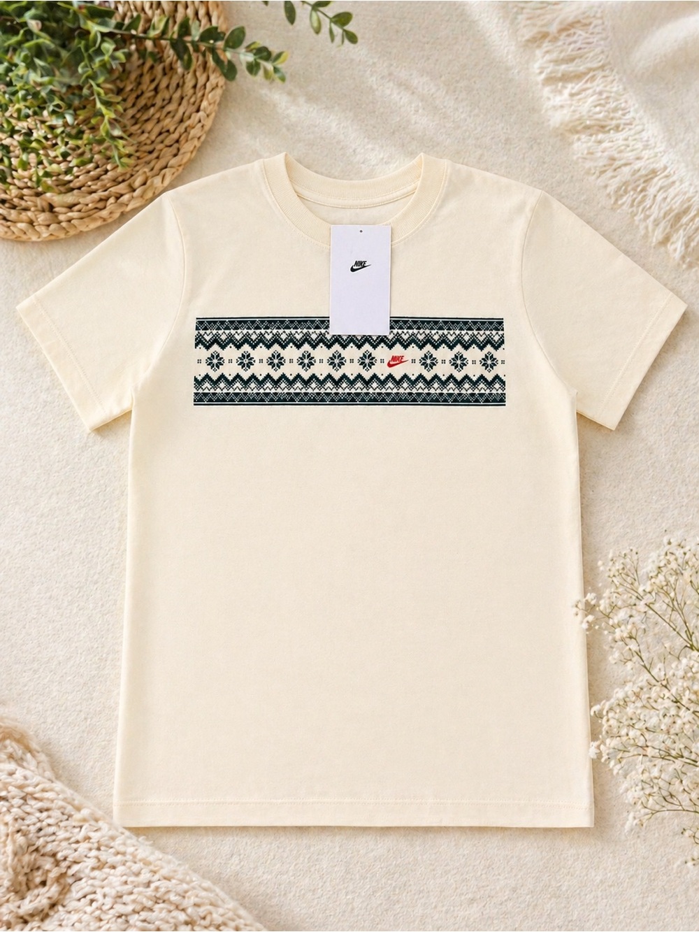 Nike Cream Tee with Black Fair Isle Stripe and Red Logo